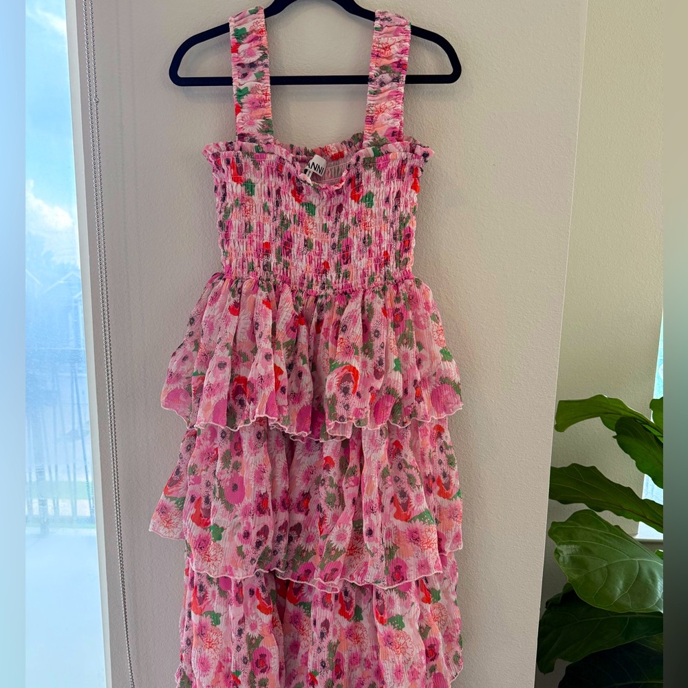 Ganni Pink Floral Midi Dress